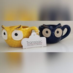 Transpac Yellow Blue‎ Owl Mugs 6 Oz Capacity Set Of Two New With Tag